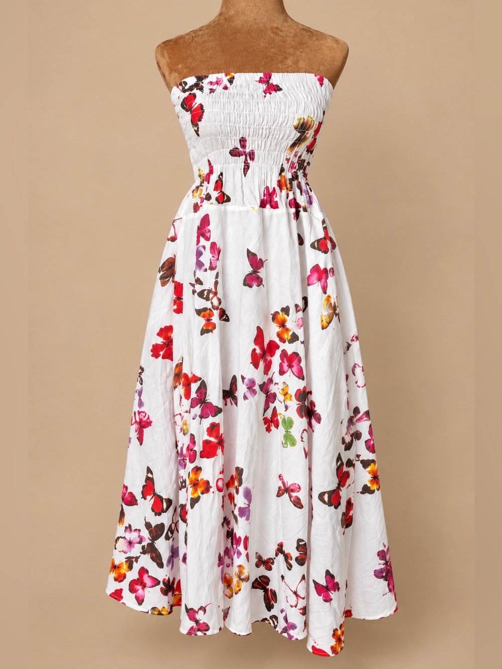 White Strapless Butterfly Print Midi Dress